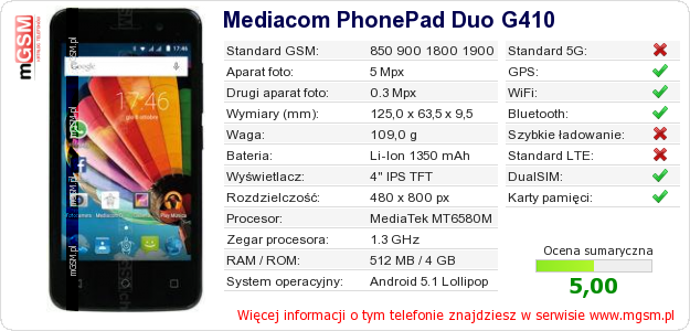 Dane telefonu Mediacom PhonePad Duo G410
