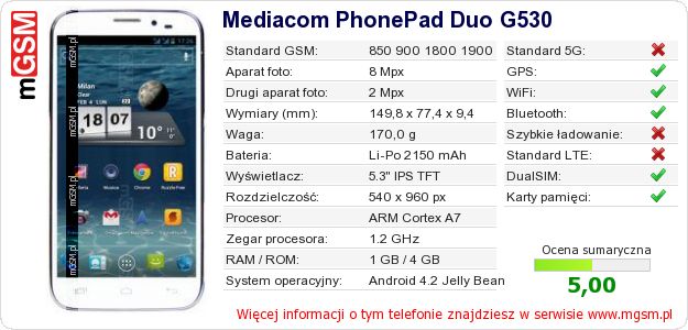 Dane telefonu Mediacom PhonePad Duo G530