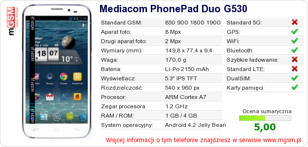 Dane telefonu Mediacom PhonePad Duo G530