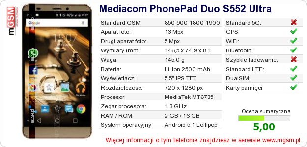 Dane telefonu Mediacom PhonePad Duo S552 Ultra Dane telefonu Mediacom PhonePad Duo S552 Ultra