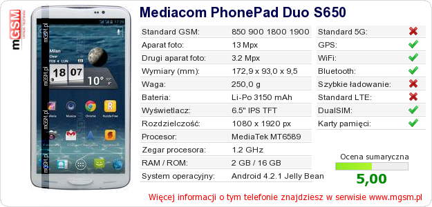 Dane telefonu Mediacom PhonePad Duo S650