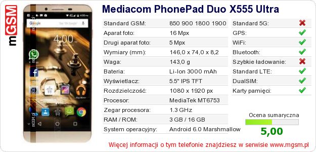 Dane telefonu Mediacom PhonePad Duo X555 Ultra Dane telefonu Mediacom PhonePad Duo X555 Ultra