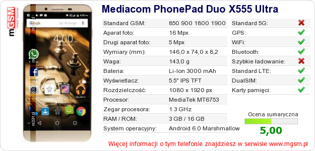 Dane telefonu Mediacom PhonePad Duo X555 Ultra Dane telefonu Mediacom PhonePad Duo X555 Ultra