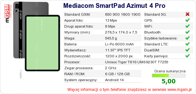 Dane telefonu Mediacom SmartPad Azimut 4 Pro Dane telefonu Mediacom SmartPad Azimut 4 Pro