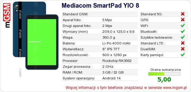 Dane telefonu Mediacom SmartPad YIO 8 Dane telefonu Mediacom SmartPad YIO 8