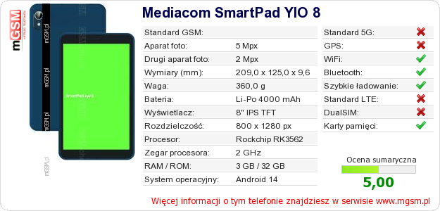 Dane telefonu Mediacom SmartPad YIO 8 Dane telefonu Mediacom SmartPad YIO 8