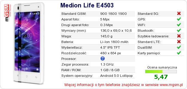Dane telefonu Medion Life E4503