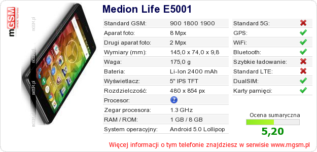 Dane telefonu Medion Life E5001