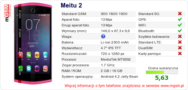 Dane telefonu Meitu 2 Dane telefonu Meitu 2