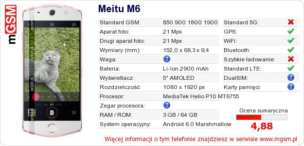 Dane telefonu Meitu M6