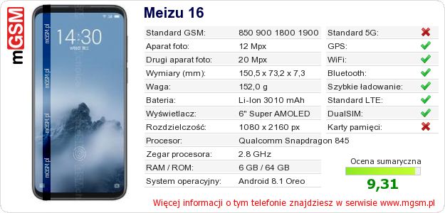 Dane telefonu Meizu 16 Dane telefonu Meizu 16