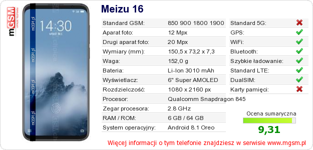 Dane telefonu Meizu 16