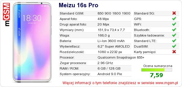 Dane telefonu Meizu 16s Pro Dane telefonu Meizu 16s Pro