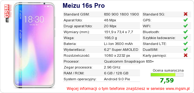 Dane telefonu Meizu 16s Pro