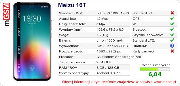 Dane telefonu Meizu 16T