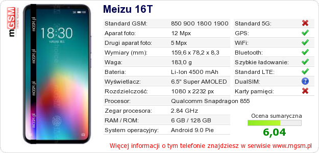 Dane telefonu Meizu 16T
