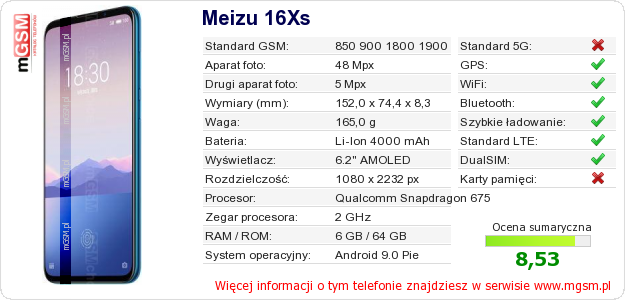 Dane telefonu Meizu 16Xs