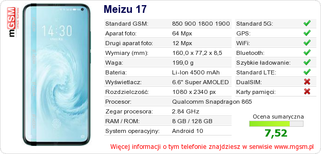 Dane telefonu Meizu 17