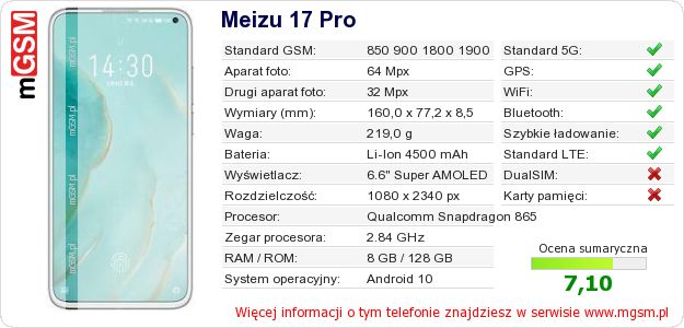 Dane telefonu Meizu 17 Pro