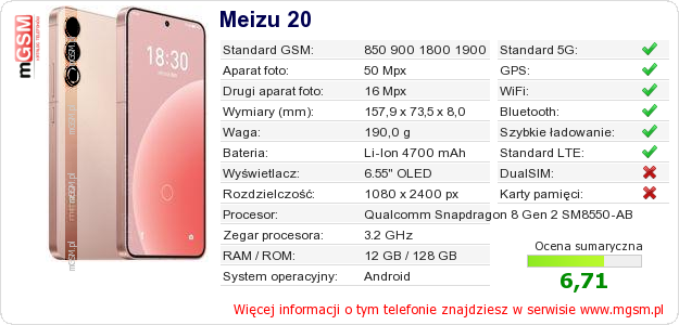Dane telefonu Meizu 20