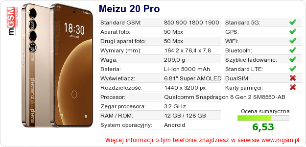 Dane telefonu Meizu 20 Pro
