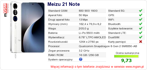 Dane telefonu Meizu 21 Note