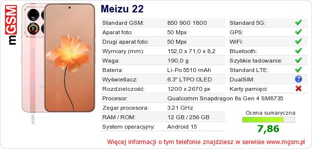 Dane telefonu Meizu 22 Dane telefonu Meizu 22