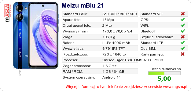 Dane telefonu Meizu mBlu 21