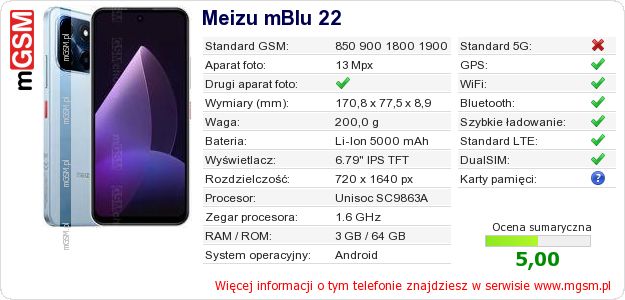 Dane telefonu Meizu mBlu 22 Dane telefonu Meizu mBlu 22