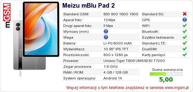Dane telefonu Meizu mBlu Pad 2