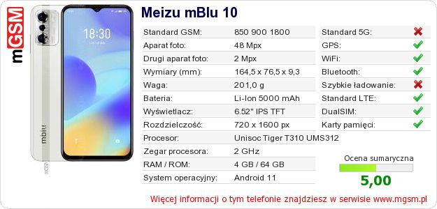 Dane telefonu Meizu mBlu 10