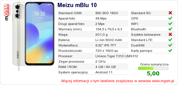Dane telefonu Meizu mBlu 10 Dane telefonu Meizu mBlu 10