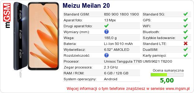 Dane telefonu Meizu Meilan 20 Dane telefonu Meizu Meilan 20