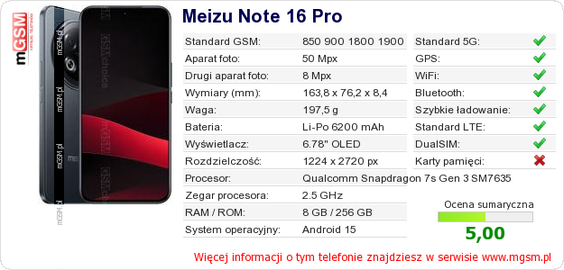 Dane telefonu Meizu Note 16 Pro