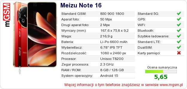Dane telefonu Meizu Note 16 Dane telefonu Meizu Note 16