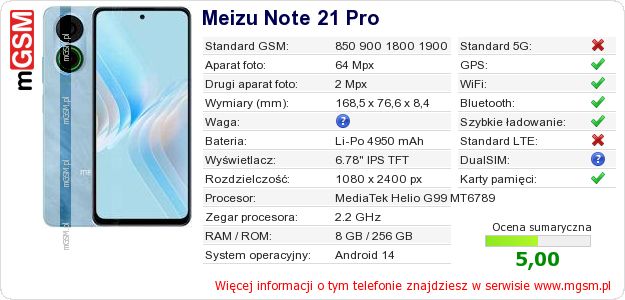 Dane telefonu Meizu Note 21 Pro