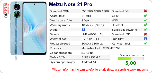 Dane telefonu Meizu Note 21 Pro