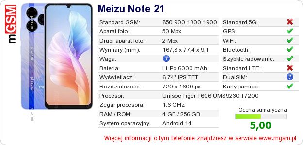 Dane telefonu Meizu Note 21 Dane telefonu Meizu Note 21