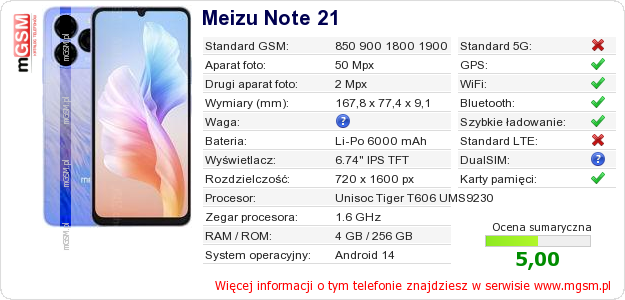 Dane telefonu Meizu Note 21