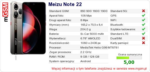 Dane telefonu Meizu Note 22 Dane telefonu Meizu Note 22
