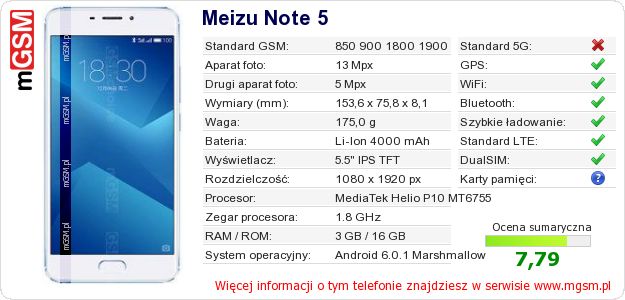 Dane telefonu Meizu Note 5 Dane telefonu Meizu Note 5
