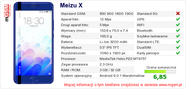 Dane telefonu Meizu X Dane telefonu Meizu X