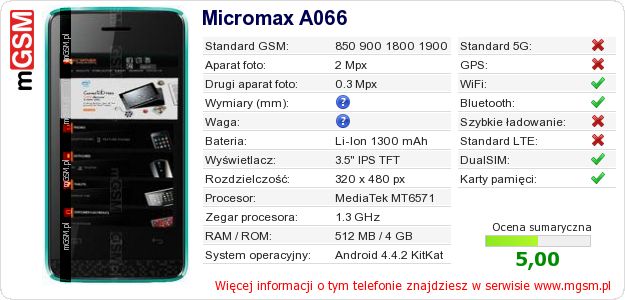 Dane telefonu Micromax A066