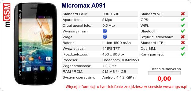 Dane telefonu Micromax A091 Dane telefonu Micromax A091