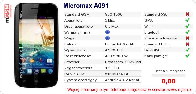 Dane telefonu Micromax A091