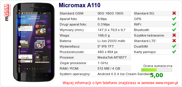 Dane telefonu Micromax A110 Dane telefonu Micromax A110