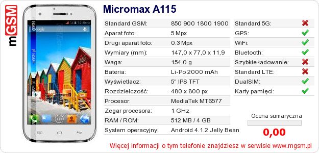 Dane telefonu Micromax A115 Dane telefonu Micromax A115