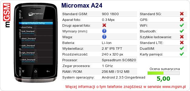 Dane telefonu Micromax A24 Dane telefonu Micromax A24