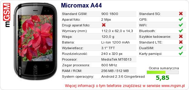 Dane telefonu Micromax A44 Dane telefonu Micromax A44