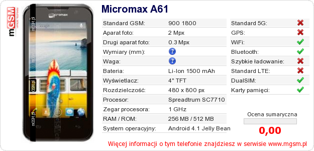 Dane telefonu Micromax A61 Dane telefonu Micromax A61